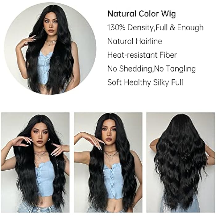 DILLARDS Piaou 28Inch Long Black Wig For Women Natural Looking Synthetic Long Wavy Wigs Middle Part Heat Resistant Long Wig For Daily Party Wear (Black) - Image 5